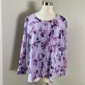 Coldwater Creek Womens Plus 1X Floral Lavender Blouse Long Sleeves Pleated Front